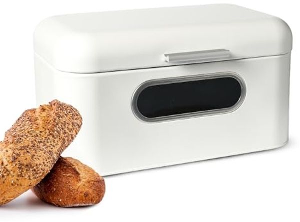 Brotkasten aus Metall mit Sichtfenster Brotkorb Aufbewahrung für Brot und Brötchen weiß mit Klappdeckel und Lüftung