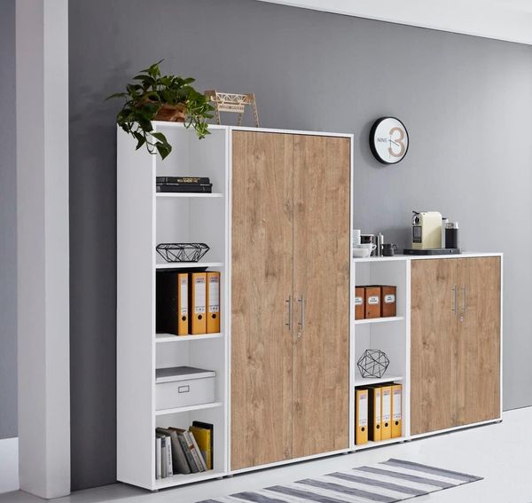 Schrankwand TABOR 4 Büroregal Aktenschränke Büroschrank abschließbar in diversen Farbvarianten (weiß/Gold Harbor Oak)