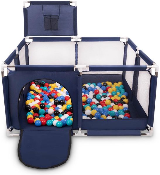 Selonis Laufstall Mit Korb Und 900 Bälle Laufgitter Für Kinder, Blau:Schwarz/Weiß/Blau/Rot/Gelb/Türkis