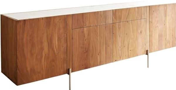 Sideboard Secara 200 cm Akazie Natur 4 Türen 2 Schübe Marmor Füße Edelstahl