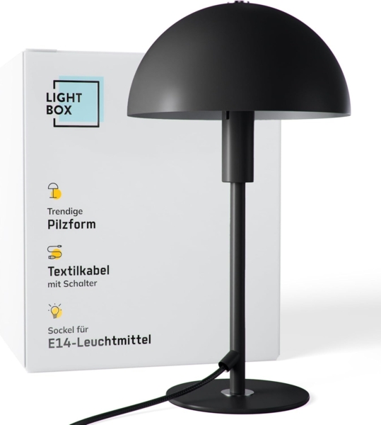 Lightbox Pilz-Tischlampe | Home Office Schreibtischlampe mit Wipp-Schalter | LED Lampe (E14 Fassung) als Nachttischlampe, Büro und Schreibtisch Zubehör | aus Metall in Schwarz Silberfarben