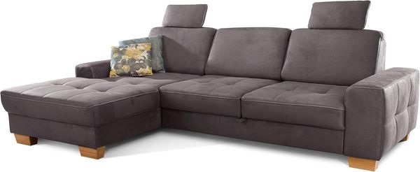 Cavadore Ecksofa Puccino mit Federkern, Schlaffunktion, verstellbarer Sitztiefe und 2 Kopfstützen / Sofa in L-Form im Landhaus Design / 281 x 86 x 178 cm / Mikrofaser grau