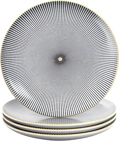 Intirilife 4x Porzellan Teller in 8'' Endlos - Schwarz Weiß mit Weiß - Frühstücksteller Dessertteller Servierteller für Salat Früchte Pasta Dessert Hauptgang und Snacks