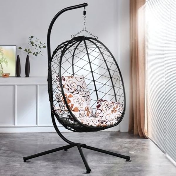 Luxus Hängesessel NEW XXL Gestell mit Korb Schwarz und Kissen Blumenmuster