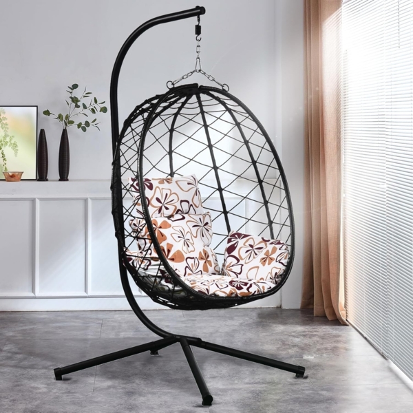 Luxus Hängesessel NEW XXL Gestell mit Korb Schwarz und Kissen Blumenmuster