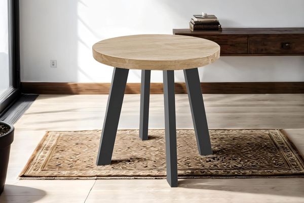 SAM Runder Esszimmertisch 80 cm Sophia, Akazienholz massiv, Esstisch naturfarben, 4-Fuß-Gestell Metall schwarz, Holztisch Industrial, aufgedoppelte Tischplatte 50(25+25mm), FSC® 100% Zertifiziert