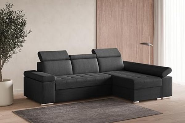 MOEBLO Ecksofa LUKA, modernes Schlafsofa, bequemes Sofa mit Liegefunktion, verstellbare Kopfstützen Sofa, Sofa mit Bettkasten, Ecksofa mit eleganten Metallfüßen, gemütliches Sofa für Wohnzimmer, Schlafsofa mit Stauraum, hochwertiges Ecksofa Stoff, mode...