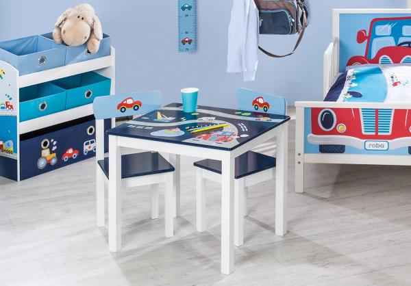 roba Kindersitzgruppe 'Rennfahrer' - 2 Kinderstühle & 1 Tisch - mit Fahrzeug-Motiven - Blau / Weiß Bild 2