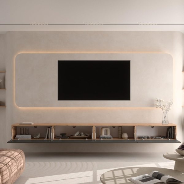Planetmöbel TV Board 320 cm Gold Eiche/Anthrazit, TV Schrank mit 4 Klappen als Stauraum, Lowboard hängend oder stehend, Sideboard Wohnzimmer Bild 2