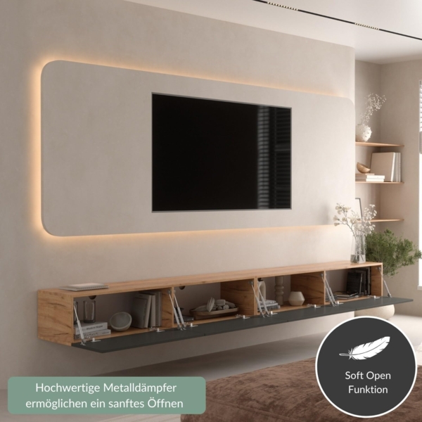 Planetmöbel TV Board 320 cm Gold Eiche/Anthrazit, TV Schrank mit 4 Klappen als Stauraum, Lowboard hängend oder stehend, Sideboard Wohnzimmer Bild 5