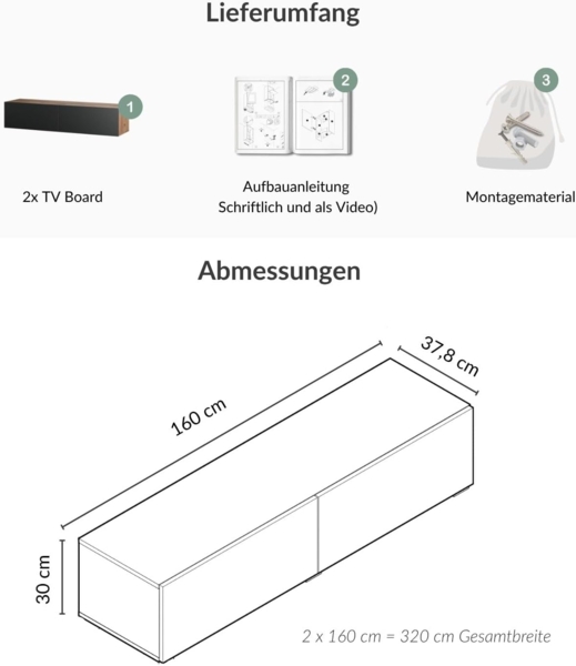 Planetmöbel TV Board 320 cm Gold Eiche/Anthrazit, TV Schrank mit 4 Klappen als Stauraum, Lowboard hängend oder stehend, Sideboard Wohnzimmer Bild 3
