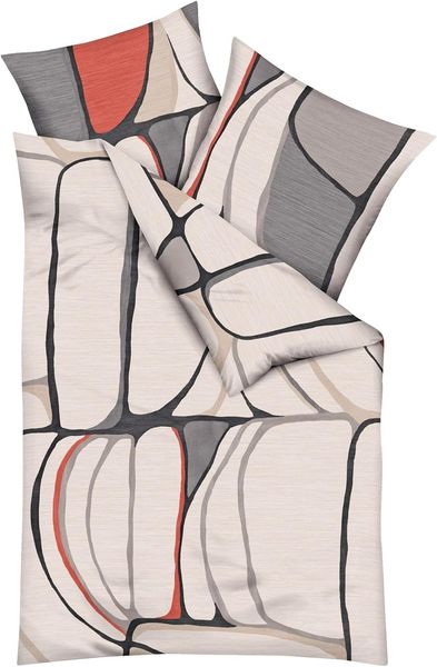 JACK Bettwäsche 135x200cm Opalith Natur Grafik Kaeppel, Biber, 2 teilig, modernes Grafikmuster in Natur, Anthrazit und Rot