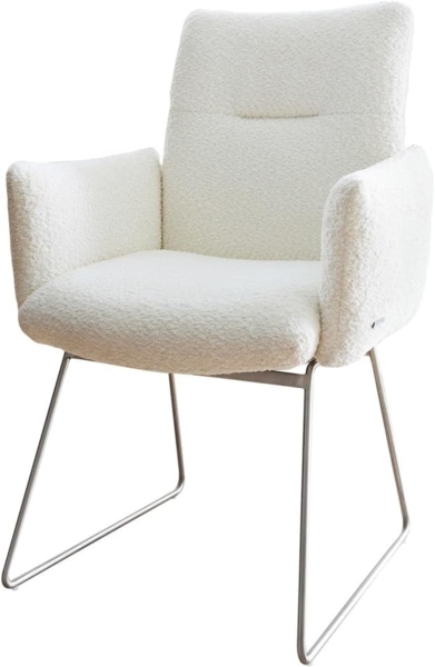Esszimmerstuhl Jova-Flex mit Armlehnen Bouclé Weiß Kufengestell Edelstahl Taschenfederkern