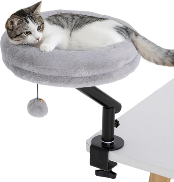 PawHut Tierbett Katzenbett für Schreibtisch mit 360°Drehung, verstellbarer Höhe, Polyester, mit abnehmbarem, maschinenwaschbarem Bett, für Katzen unter 6 kg, Grau