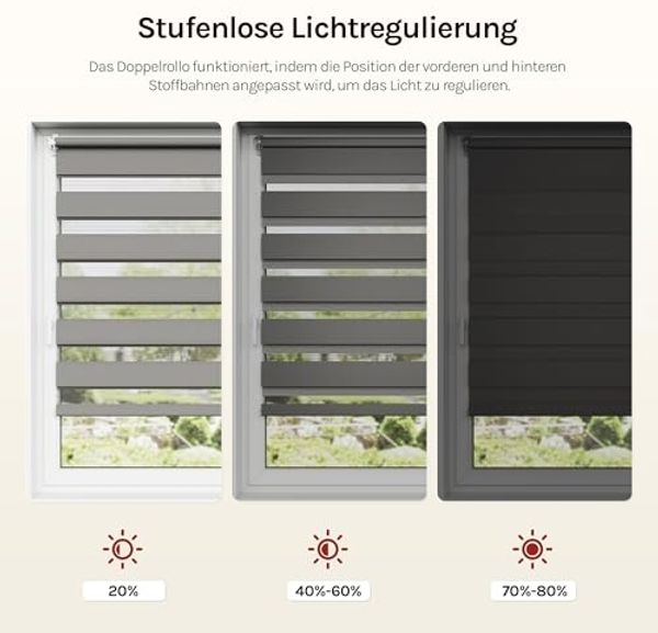 WOLTU Doppelrollo Klemmfix ohne Bohren für Fenster in Holzlook Grau 60x150 cm 60x150 cm Bild 3