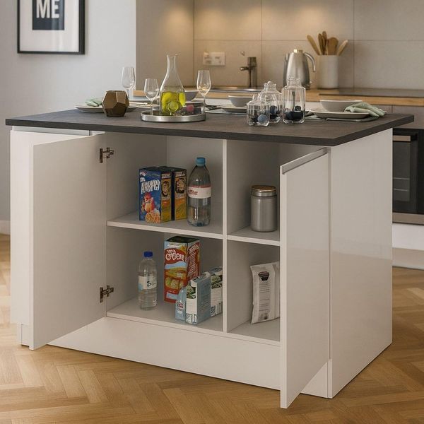 Dmora - Kücheninsel Patrizio, Mehrzweckschrank, Küchenzeile Schrank, Zusätzlicher Tisch, 100% Made in Italy, 155 x 90 x 90 cm, glänzendes Weiß und Schiefer