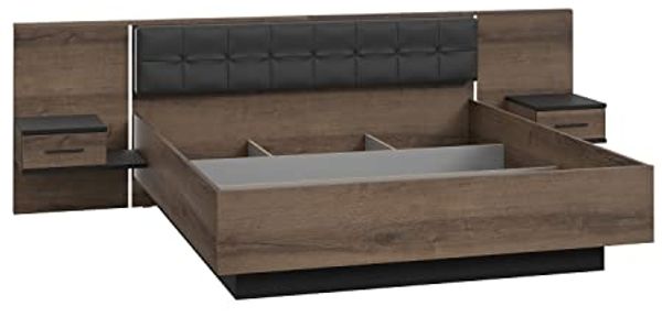 FORTE Bellevue Bettanlage mit inkludierten 2 Nachtkommoden, Holzwerkstoff, Schwarz Eiche/Schlammeiche, 208,7 x 304,6 x 96,5 cm