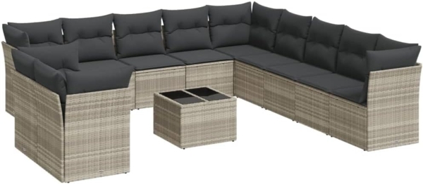 vidaXL 12-tlg. Garten-Sofagarnitur mit Kissen Hellgrau Poly Rattan 3249731