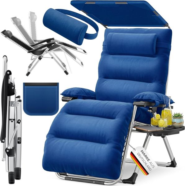 KESSER® Sonnenliege Liegestuhl, klappbare XXL Gartenliege Wetterfest, Belastbar 200kg, Ergonomisches Polster verstellbare Rückenlehne inkl. Nackenkissen Getränkehalter & Armpolster, mit Dach Navyblau