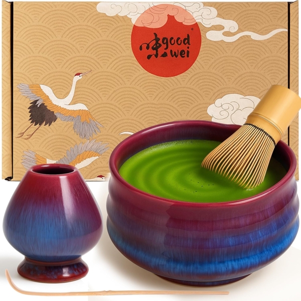 Goodwei Teeschale Matcha-Set "Seiun" mit Teeschale, Matchabesen 80 Borsten, Besenhalter, 4-tlg, Keramik