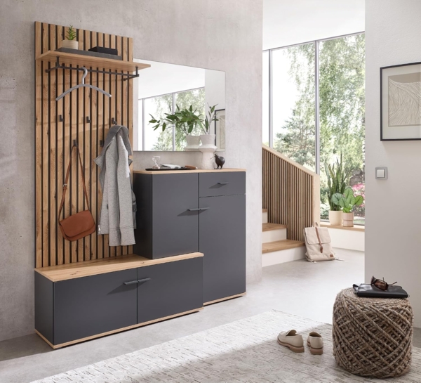 moebel-dich-auf Garderoben-Set COMO, (Paneel + Schuhschrank + Spiegel, in anthrazit / Artisan Eiche Nb), 148 cm breit