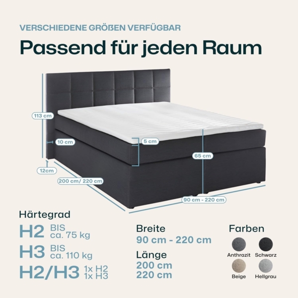Möbelfreude Boxspringbett Bea, gesteppt, 7-Zonen Taschenfederkern, Visco Topper Polsterbett, Beige/Grau H2/H3, 220x200 cm Bild 2