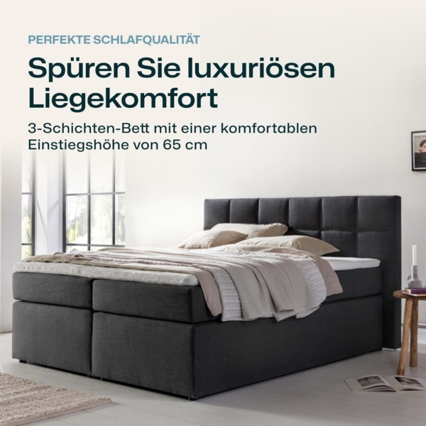 Möbelfreude Boxspringbett Bea, gesteppt, 7-Zonen Taschenfederkern, Visco Topper Polsterbett, Beige/Grau H2/H3, 220x200 cm Bild 3
