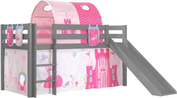 Vipack Spielbett 'Pino' inkl. Rutsche grau, mit Textilset Vorhang, Tunnel und 3 Taschen 'Princess'