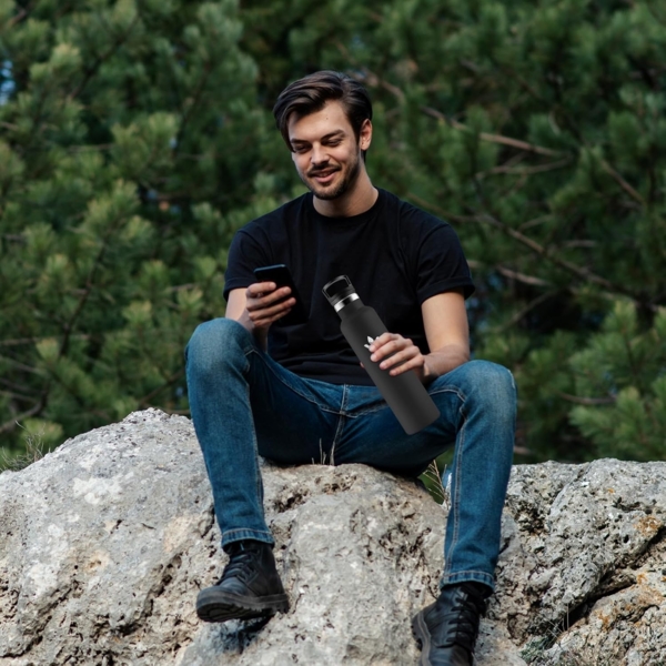 Thermosflasche 1L, Trinkflasche Edelstahl Kohlensäure Geeignet, Auslaufsicher Wasserflasche mit Strohhalm, Doppelwandige Vakuumisolierte, BPA-frei, Isolierflasche für Sprudel, Büro, Reisen, Laufen Bild 7