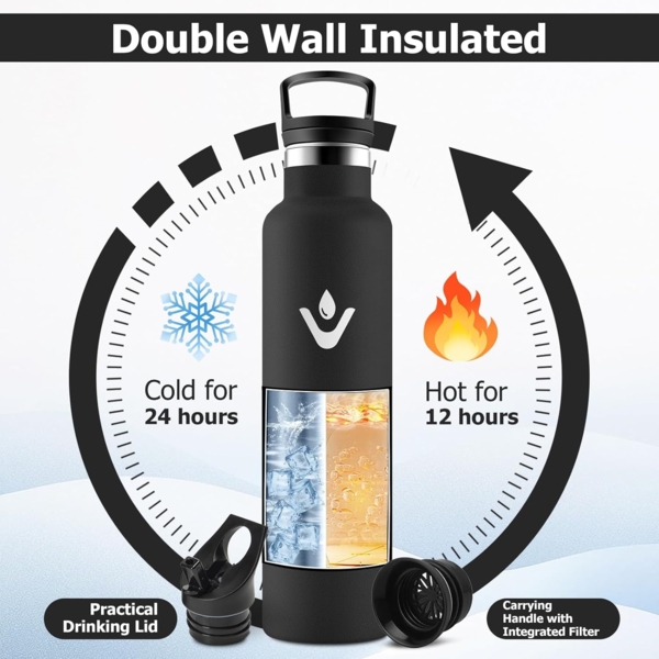 Thermosflasche 1L, Trinkflasche Edelstahl Kohlensäure Geeignet, Auslaufsicher Wasserflasche mit Strohhalm, Doppelwandige Vakuumisolierte, BPA-frei, Isolierflasche für Sprudel, Büro, Reisen, Laufen Bild 4