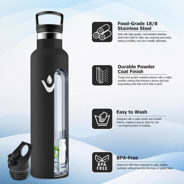 Thermosflasche 1L, Trinkflasche Edelstahl Kohlensäure Geeignet, Auslaufsicher Wasserflasche mit Strohhalm, Doppelwandige Vakuumisolierte, BPA-frei, Isolierflasche für Sprudel, Büro, Reisen, Laufen Bild 2