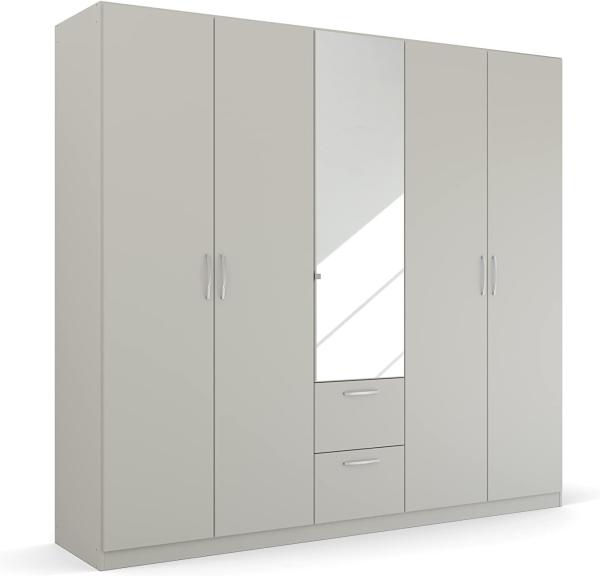 Rauch Möbel Pure by Quadra Spin Schrank Drehtürenschrank, Grau, 5-trg. mit Spiegel, inkl. 3 Kleiderstangen, 3 Einlegeböden, 2 Schubkästen, BxHxT 226x210x54 cm