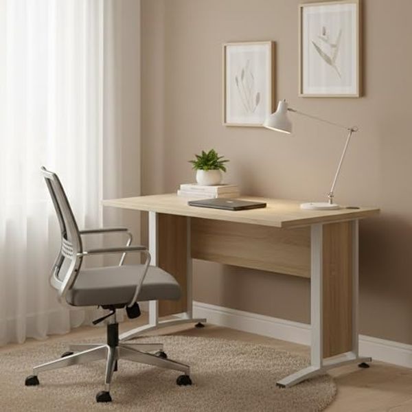 Dmora - Schreibtisch Albertine, Mehrzweckschreibtisch, Bürotisch für PC, Eckschreibtisch, 120x80 h75 cm, Eiche und Weiß