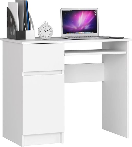 Home Collective Computertisch Schreibtisch Bürotisch Gaming Tisch mit ausziehbarer Tastaturablage, mit 1 Schublade und Tür links, 90 x 50 x 77 cm, weiß