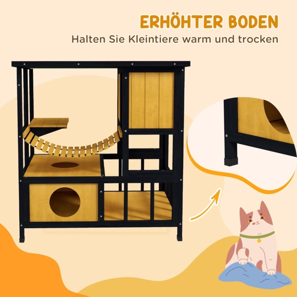 PawHut Tierhöhle Katzenhaus aus Holz mit Hängebrücke, Balkon, Plattform, für 1-2 Katzen bis 5 kg, Gelb Bild 6