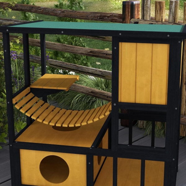 PawHut Tierhöhle Katzenhaus aus Holz mit Hängebrücke, Balkon, Plattform, für 1-2 Katzen bis 5 kg, Gelb Bild 8