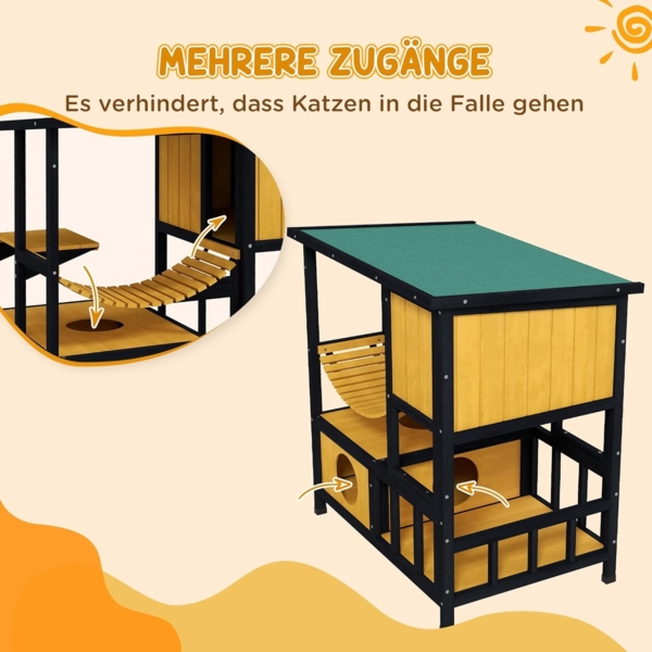 PawHut Tierhöhle Katzenhaus aus Holz mit Hängebrücke, Balkon, Plattform, für 1-2 Katzen bis 5 kg, Gelb Bild 5