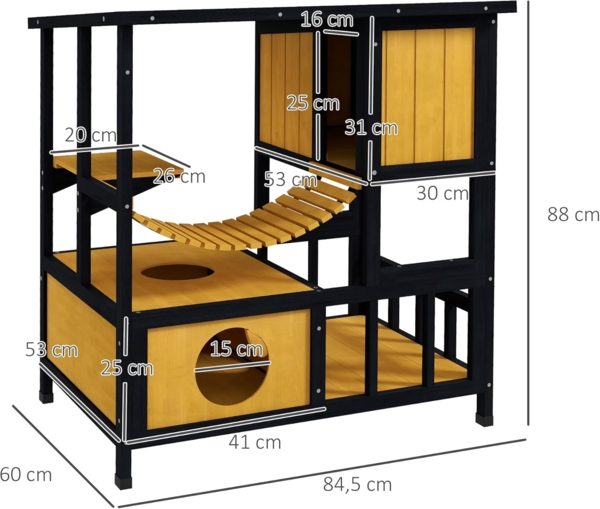 PawHut Tierhöhle Katzenhaus aus Holz mit Hängebrücke, Balkon, Plattform, für 1-2 Katzen bis 5 kg, Gelb Bild 7