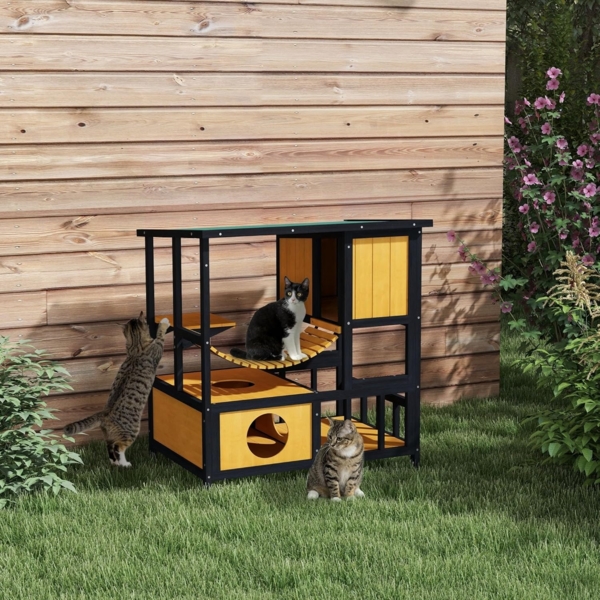 PawHut Tierhöhle Katzenhaus aus Holz mit Hängebrücke, Balkon, Plattform, für 1-2 Katzen bis 5 kg, Gelb Bild 2