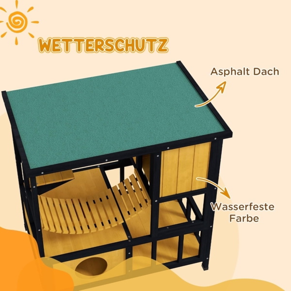 PawHut Tierhöhle Katzenhaus aus Holz mit Hängebrücke, Balkon, Plattform, für 1-2 Katzen bis 5 kg, Gelb Bild 4