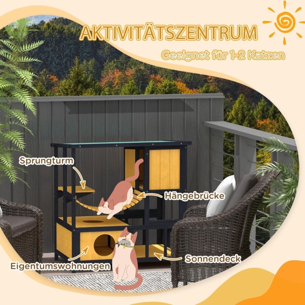 PawHut Tierhöhle Katzenhaus aus Holz mit Hängebrücke, Balkon, Plattform, für 1-2 Katzen bis 5 kg, Gelb Bild 3