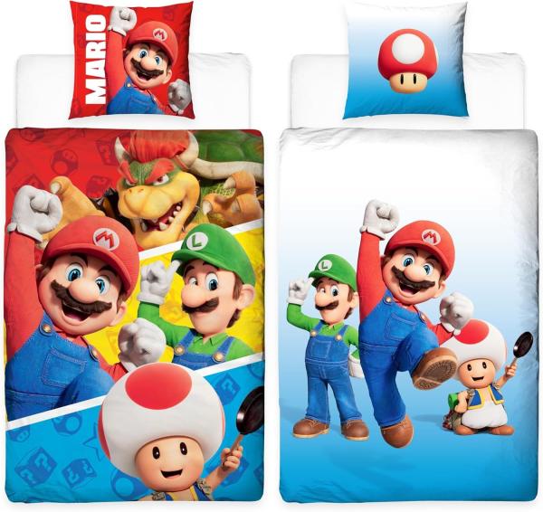 BERONAGE Kinderbettwäsche Super Mario Movie Adventure Bettwäsche Linon / Renforcé Bettbezug, 100% Baumwolle, 2 teilig, 135x200 cm 80x80 cm