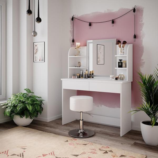 Schminktisch Charlotte Weiß 106 cm mit LED-Spiegel und Hocker Vicco