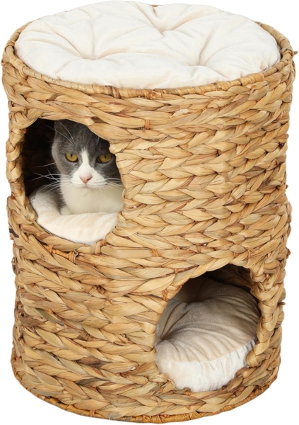PawHut Kratztonne 50 cm hoch, mit 2 Höhle, Kissen, (katzenbaum, 1-tlg, kletterbaum), aus Wasserhyazinthe, für Katze bis 3,5 kg, Hellbraun