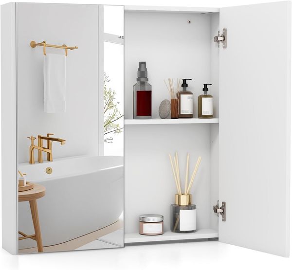 COSTWAY Spiegelschrank Badezimmer, Badezimmerspiegel, Badezimmerspiegelschrank weiss, Wandschrank mit Spiegel, Haengeschrank