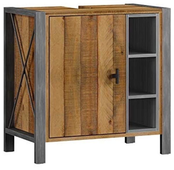Waschbeckenunterschrank Detroit: Rustikales Pinienholz & Metall, 60x60x35cm, Braun, Urbaner Charme mit praktischem Design und Bodenfreiheit, aufgebaut geliefert