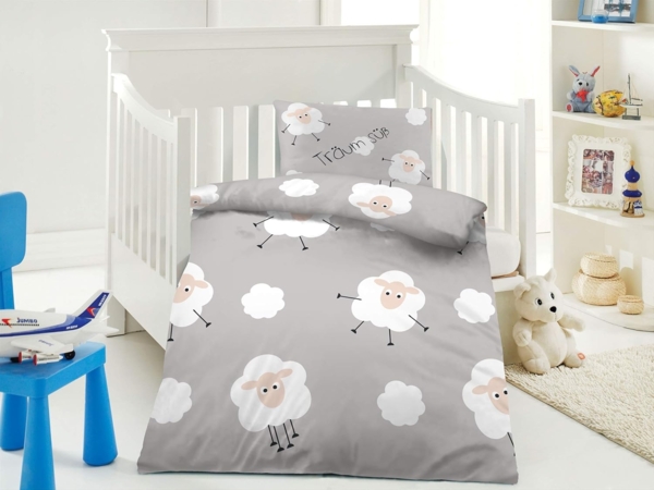 Kinderbettwäsche Babybettwäsche 100x135 cm 40x60 cm 100% Microfaser Kleinkinder Bettwäsche Set Schäfchen Grau Süße Träume Bild 2