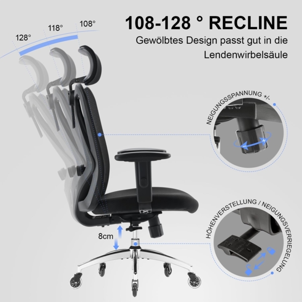 SIHOO Ergonomischer Schreibtischstuhl, Drehstuhl hat Verstellbarer Lordosenstütze, Kopfstütze und Armlehne, Höhenverstellung und Wippfunktion, Rückenschonend, Bürostuhl bis 150kg/330LB Belastbar Bild 10