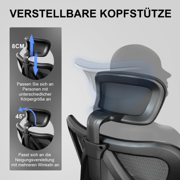 SIHOO Ergonomischer Schreibtischstuhl, Drehstuhl hat Verstellbarer Lordosenstütze, Kopfstütze und Armlehne, Höhenverstellung und Wippfunktion, Rückenschonend, Bürostuhl bis 150kg/330LB Belastbar Bild 5