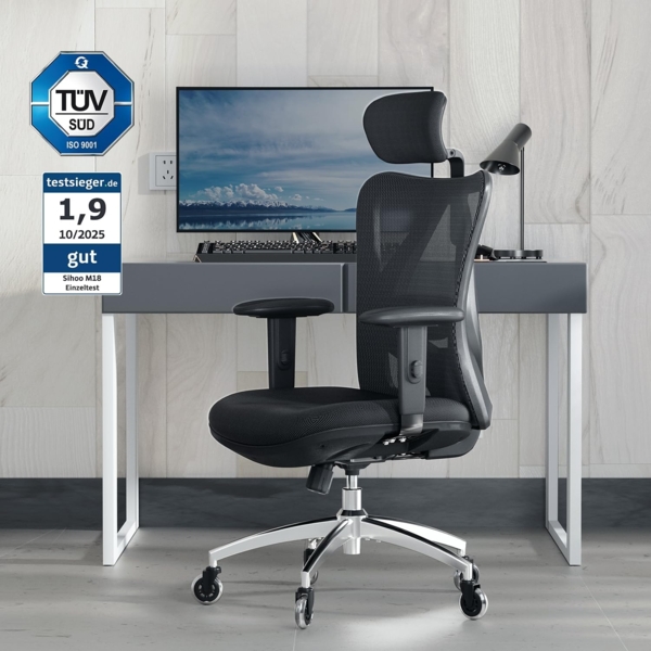 SIHOO Ergonomischer Schreibtischstuhl, Drehstuhl hat Verstellbarer Lordosenstütze, Kopfstütze und Armlehne, Höhenverstellung und Wippfunktion, Rückenschonend, Bürostuhl bis 150kg/330LB Belastbar Bild 4